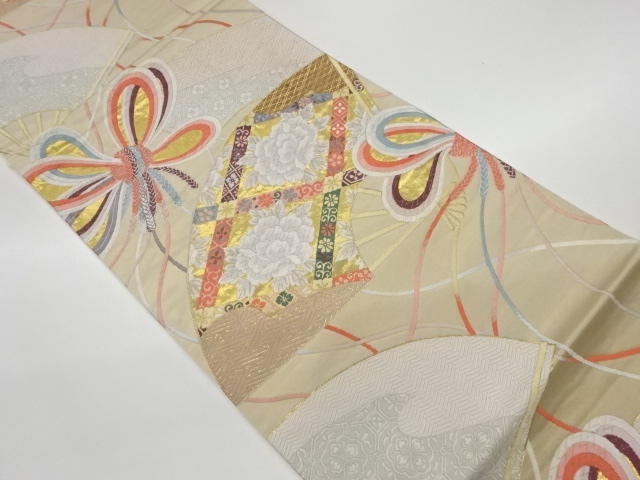 JAPANESE KIMONO / VINTAGE FUKURO OBI / WOVENPEONY & FOLDING FAN PATTERN